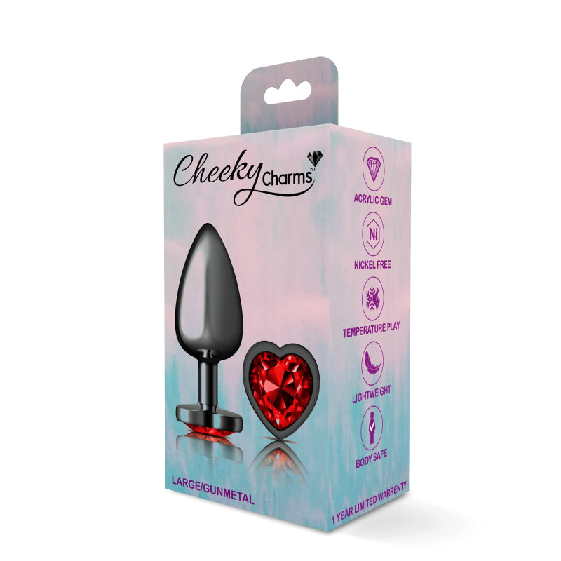 Cheeky Charms - Gunmetal Metal Butt Plug - Heart - Dark Red - Large