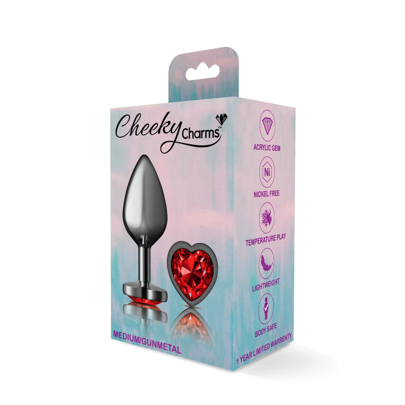 Cheeky Charms - Gunmetal Metal Butt Plug - Heart - Dark Red - Medium