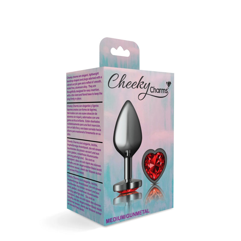 Cheeky Charms - Gunmetal Metal Butt Plug - Heart - Dark Red - Medium