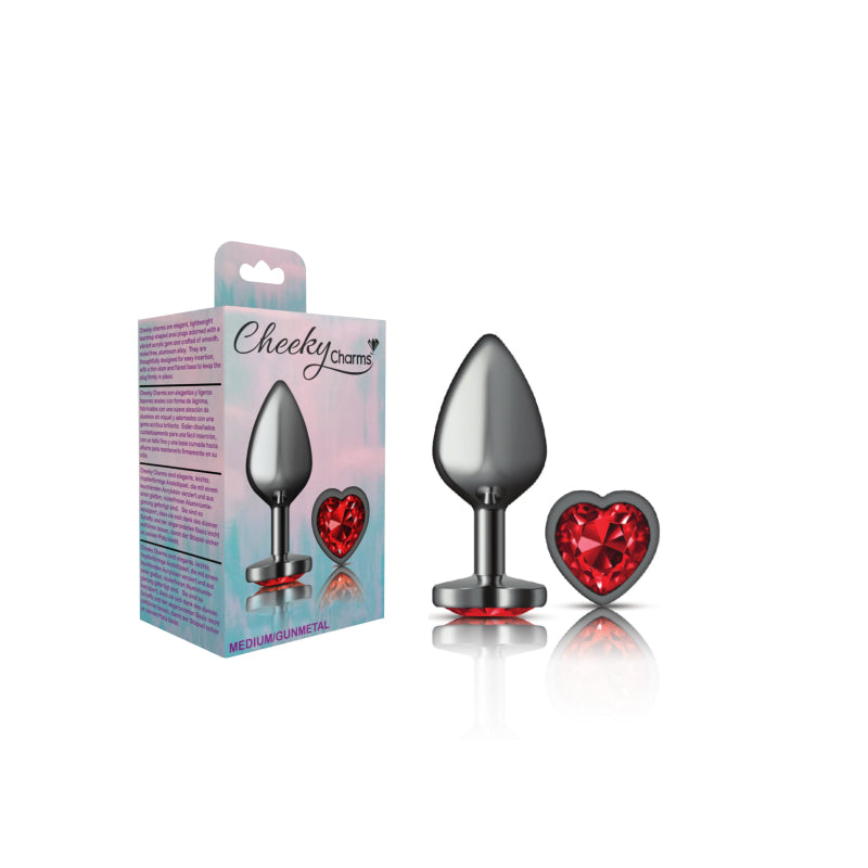 Cheeky Charms - Gunmetal Metal Butt Plug - Heart - Dark Red - Medium