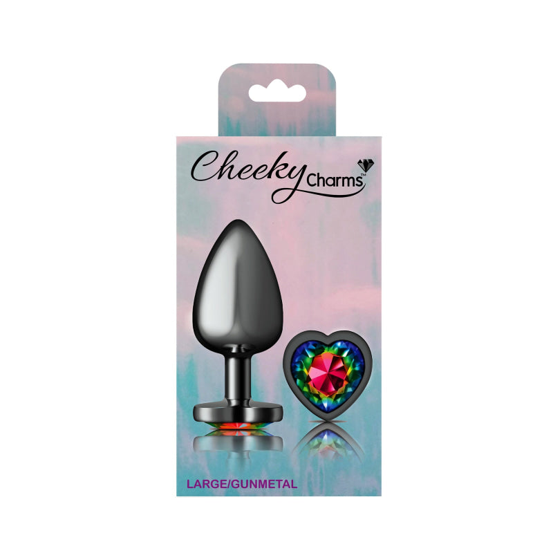 Cheeky Charms - Gunmetal Metal Butt Plug - Heart - Rainbow - Large