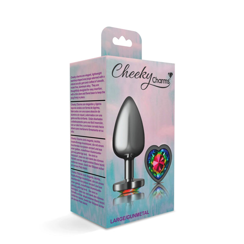 Cheeky Charms - Gunmetal Metal Butt Plug - Heart - Rainbow - Large