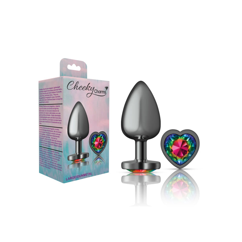 Cheeky Charms - Gunmetal Metal Butt Plug - Heart - Rainbow - Large