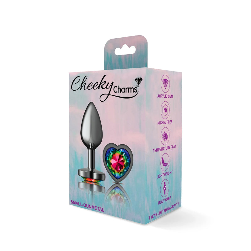 Cheeky Charms - Gunmetal Metal Butt Plug - Heart - Rainbow - Small