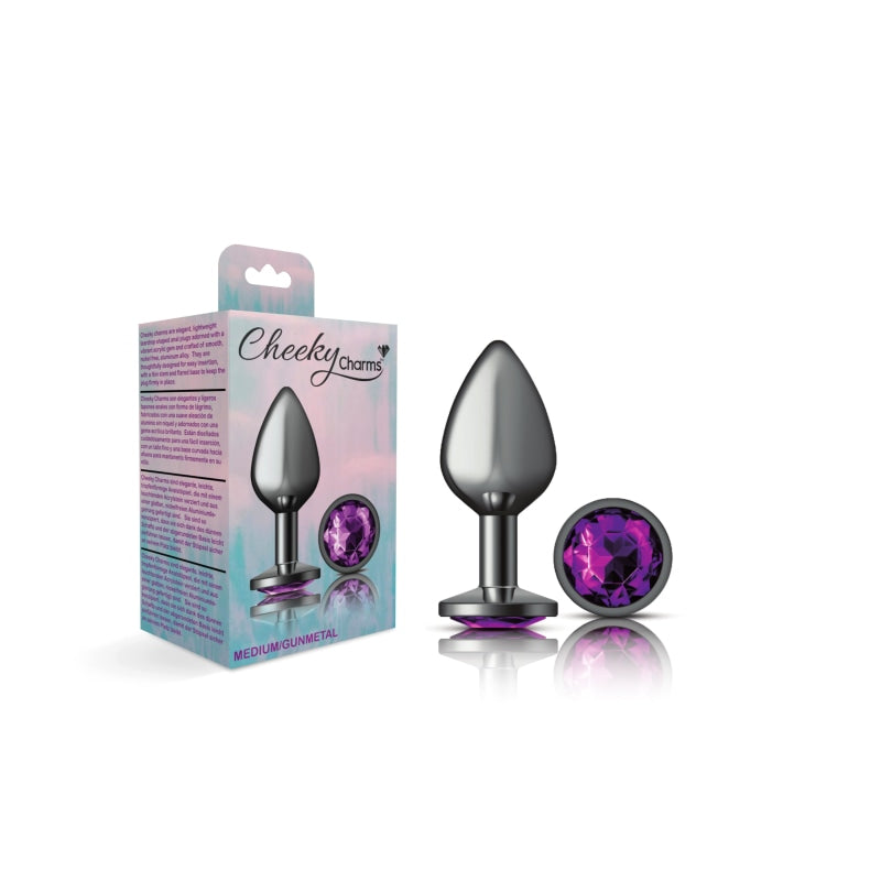 Cheeky Charms - Gunmetal Metal Butt Plug - Round - Deep Purple - Medium - Anal Toys & Stimulators