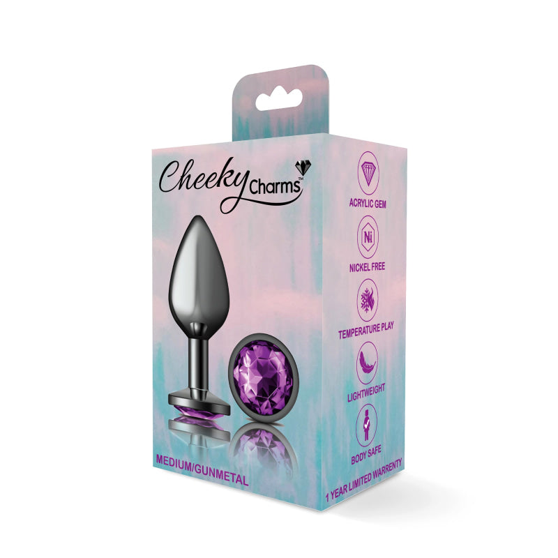 Cheeky Charms - Gunmetal Metal Butt Plug - Round - Deep Purple - Medium