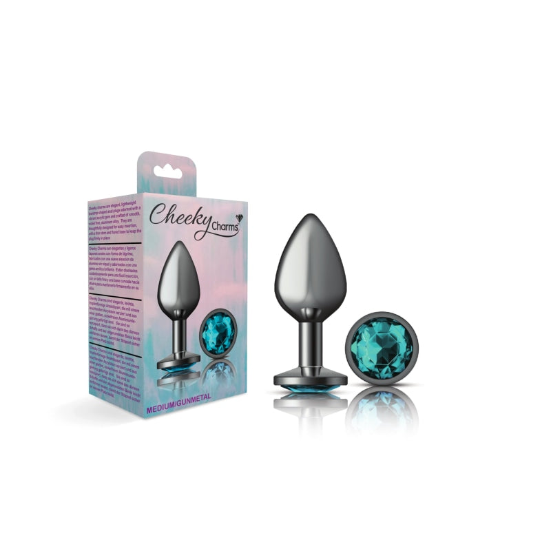 Cheeky Charms - Gunmetal Metal Butt Plug - Round - Teal - Medium - Anal Toys & Stimulators