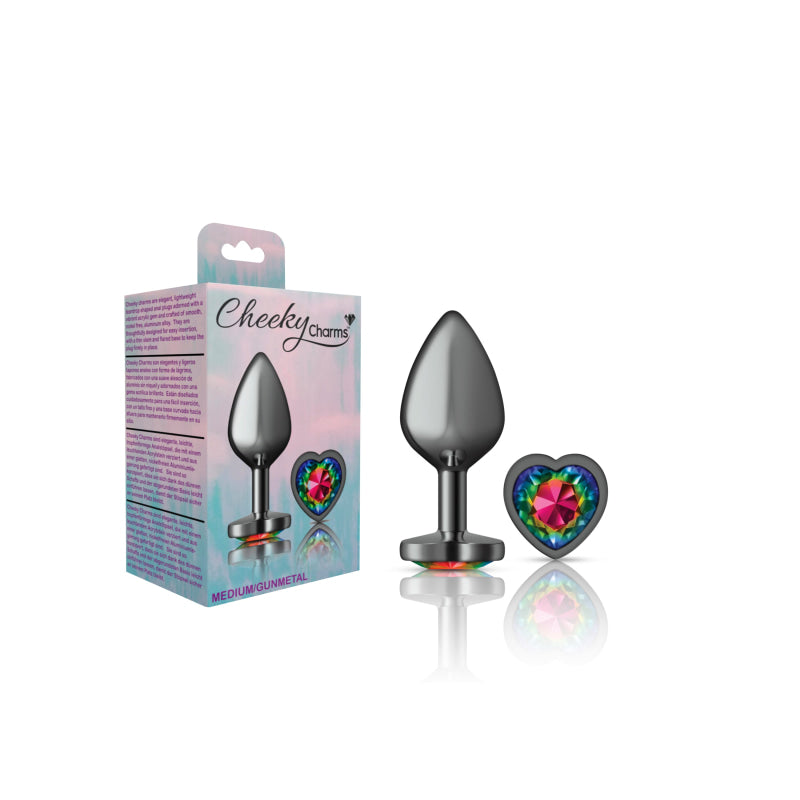 Cheeky Charms - Gunmetal Metal Buttplug - Heart - Rainbow - Medium