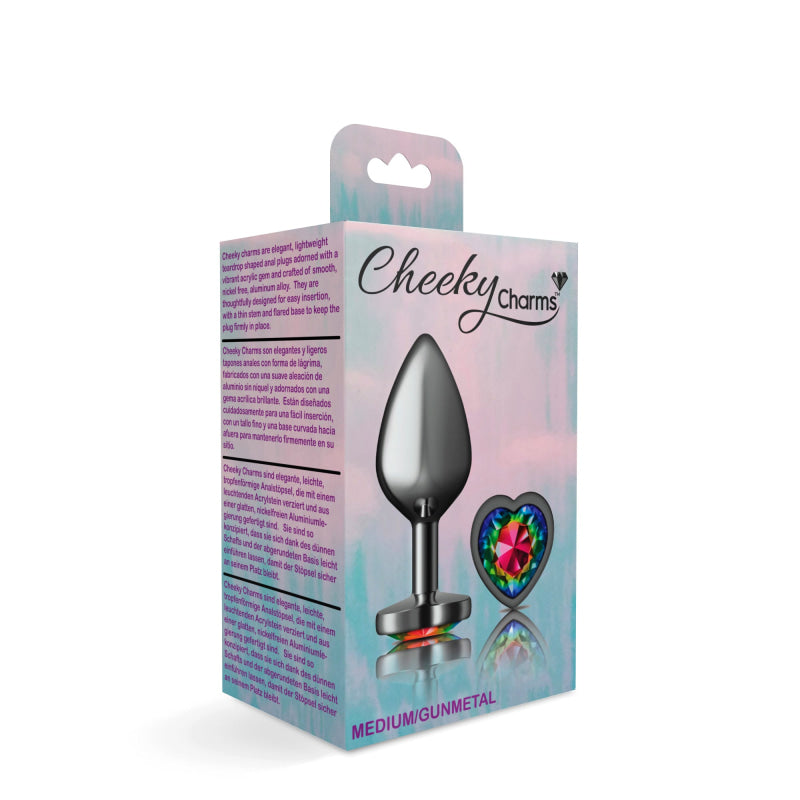 Cheeky Charms - Gunmetal Metal Buttplug - Heart - Rainbow - Medium