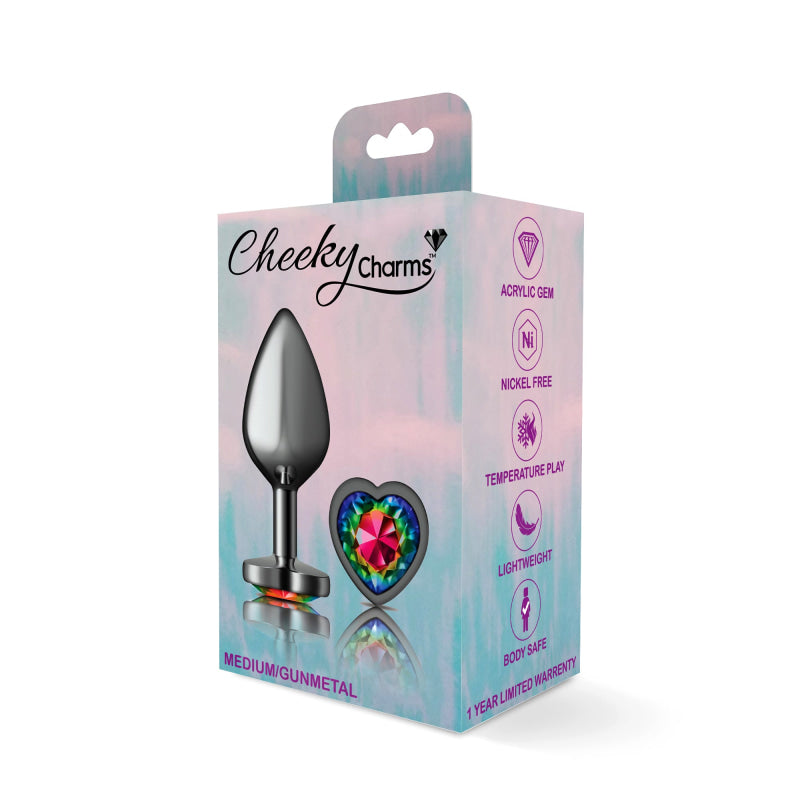 Cheeky Charms - Gunmetal Metal Buttplug - Heart - Rainbow - Medium