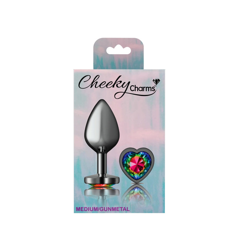 Cheeky Charms - Gunmetal Metal Buttplug - Heart - Rainbow - Medium