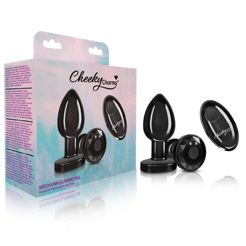 Cheeky Charms - Rechargeable Vibrating Metal Butt  Plug With Remote Control - Gunmetal - Medium -  Preorder Only