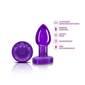 Cheeky Charms - Rechargeable Vibrating Metal Butt Plug With Remote Control - Purple - Small - Preorder Only