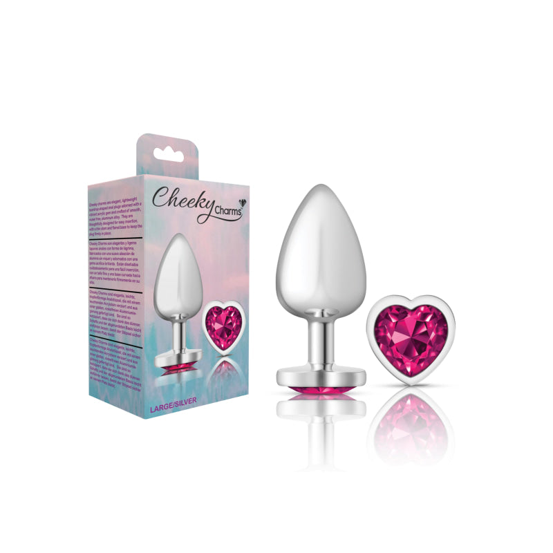 Cheeky Charms - Silver Metal Butt Plug - Heart - Bright Pink - Large