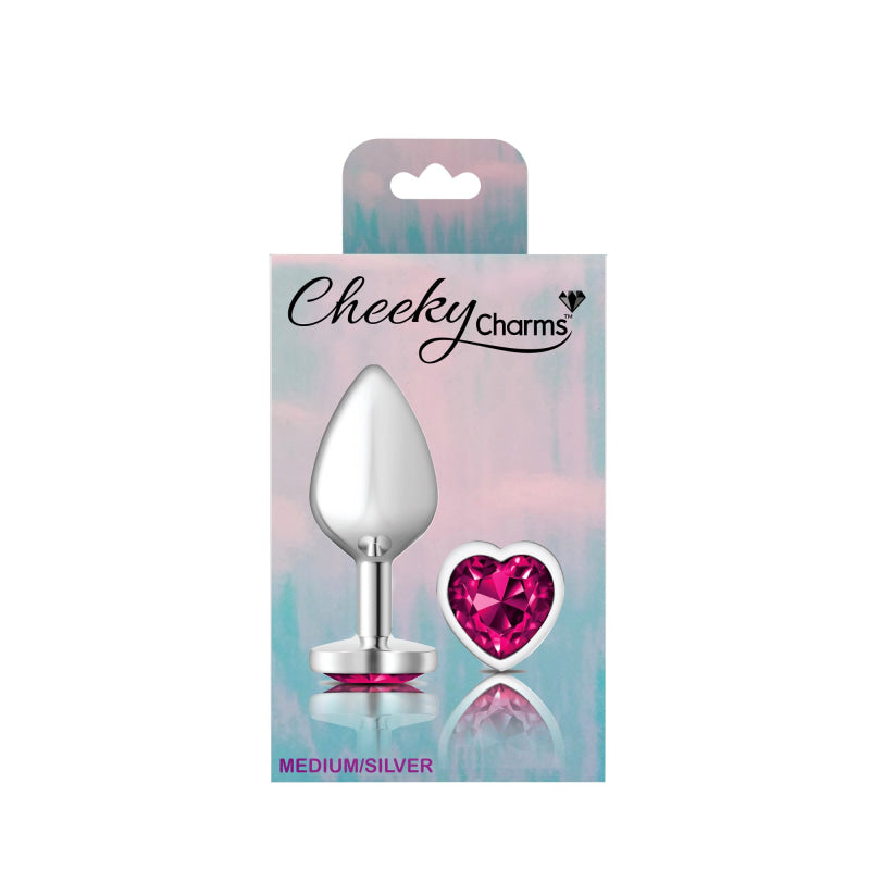 Cheeky Charms - Silver Metal Butt Plug - Heart - Bright Pink - Medium