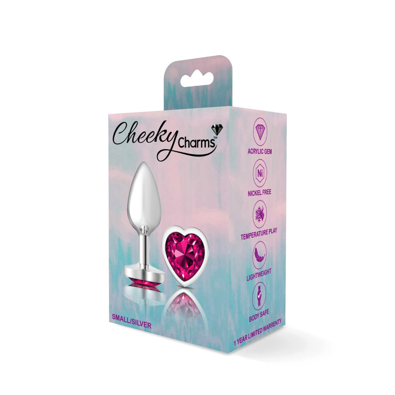 Cheeky Charms - Silver Metal Butt Plug - Heart - Bright Pink - Small