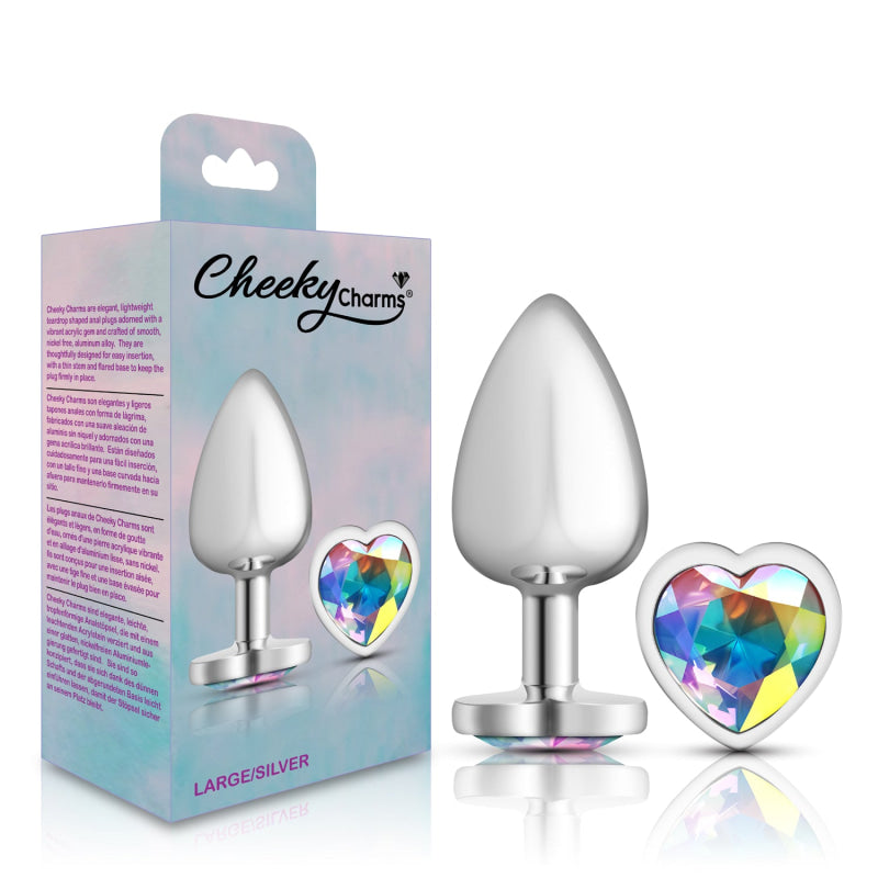 Cheeky Charms - Silver Metal Butt Plug - Heart - Clear - Large