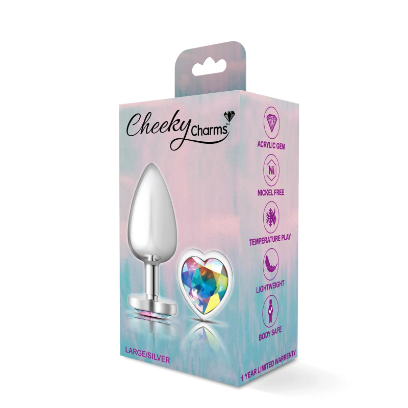 Cheeky Charms - Silver Metal Butt Plug - Heart - Clear - Large