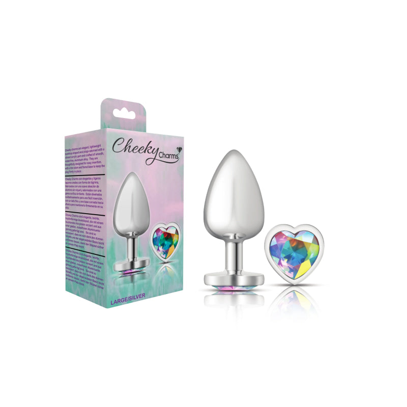 Cheeky Charms - Silver Metal Butt Plug - Heart - Clear - Large