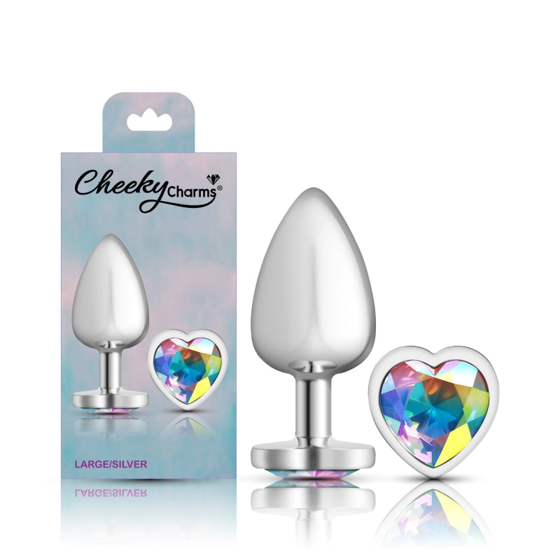 Cheeky Charms - Silver Metal Butt Plug - Heart - Clear - Large