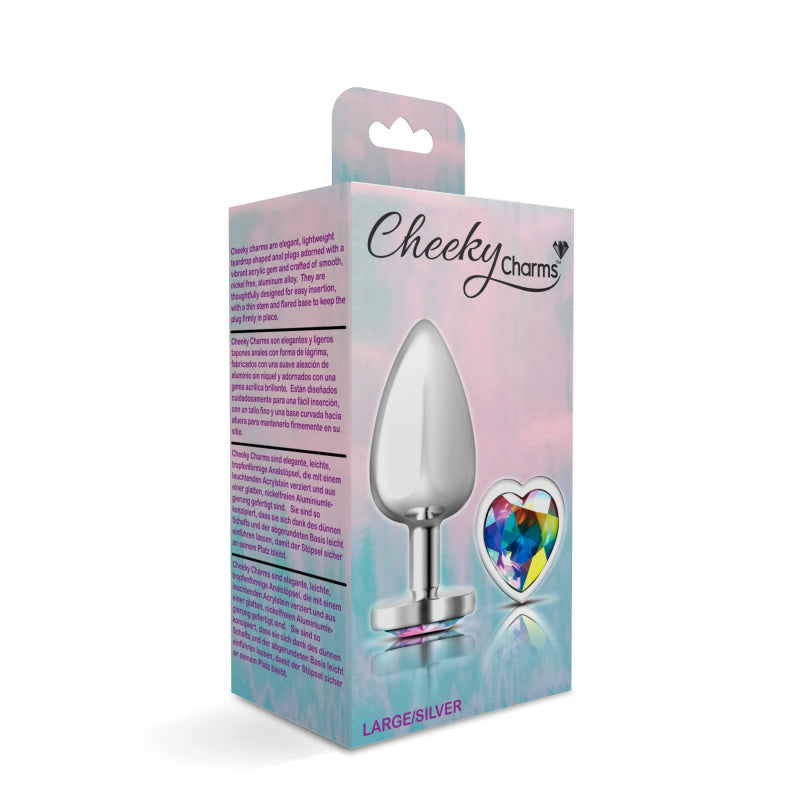 Cheeky Charms - Silver Metal Butt Plug - Heart - Clear - Large