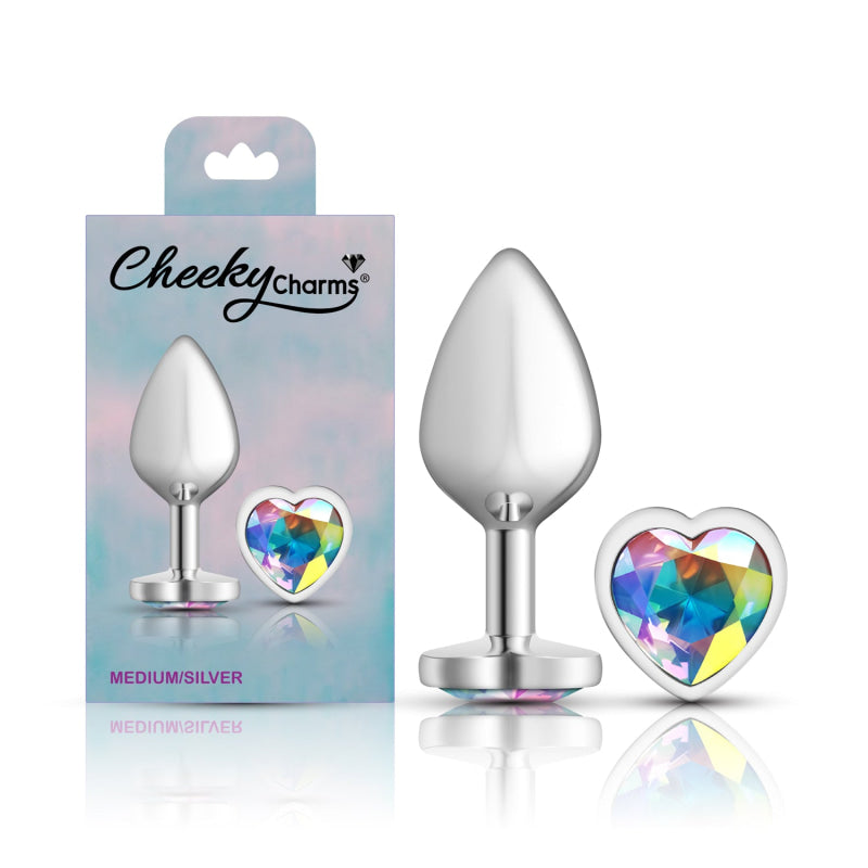 Cheeky Charms - Silver Metal Butt Plug - Heart - Clear - Medium