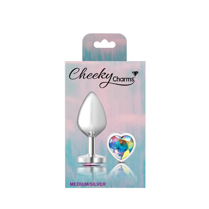 Cheeky Charms - Silver Metal Butt Plug - Heart - Clear - Medium