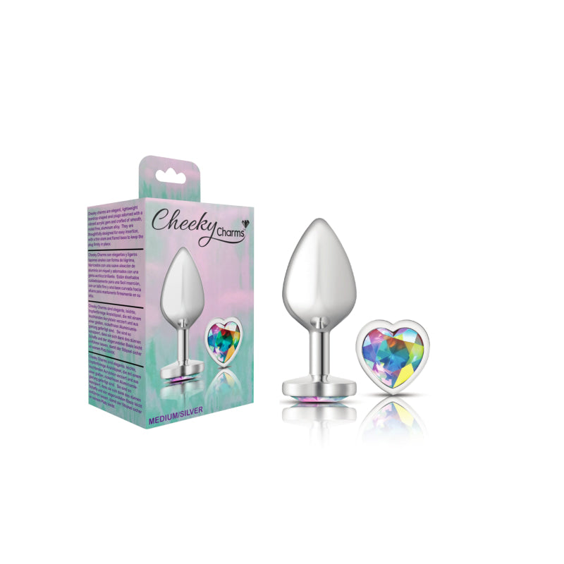 Cheeky Charms - Silver Metal Butt Plug - Heart - Clear - Medium