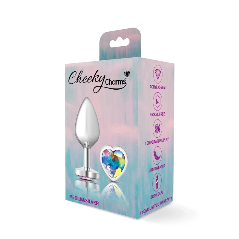 Cheeky Charms - Silver Metal Butt Plug - Heart - Clear - Medium