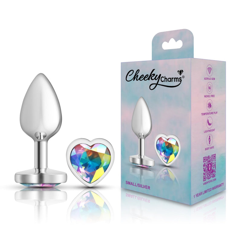 Cheeky Charms - Silver Metal Butt Plug - Heart - Clear - Small