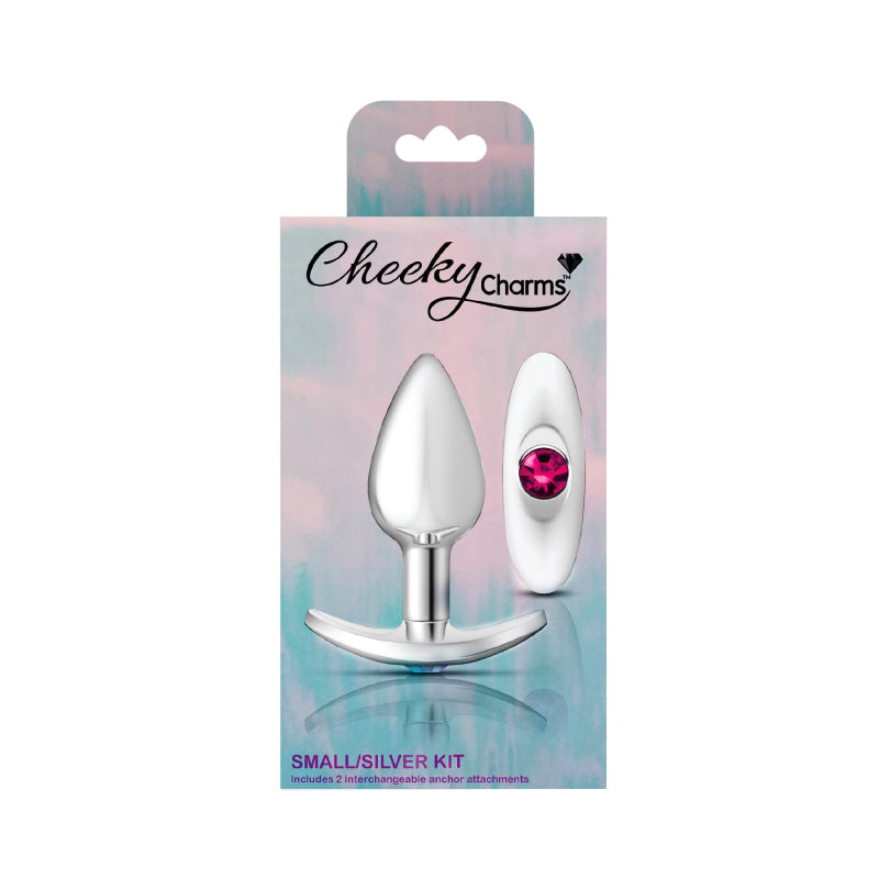 Cheeky Charms - Silver Metal Butt Plug Kit - Clear/ Bright Pink