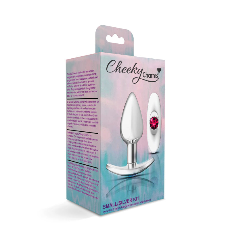 Cheeky Charms - Silver Metal Butt Plug Kit - Clear/ Bright Pink