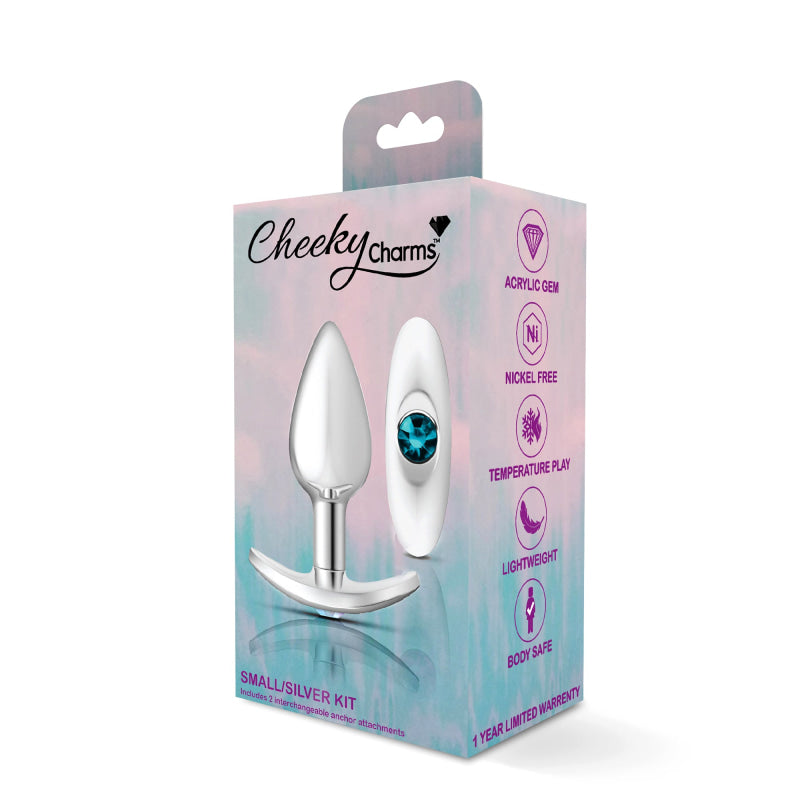 Cheeky Charms - Silver Metal Butt Plug Kit - Clear/ Teal