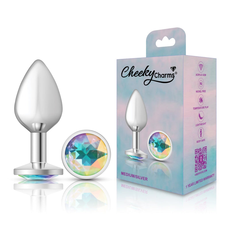 Cheeky Charms - Silver Metal Butt Plug - Round - Clear - Medium