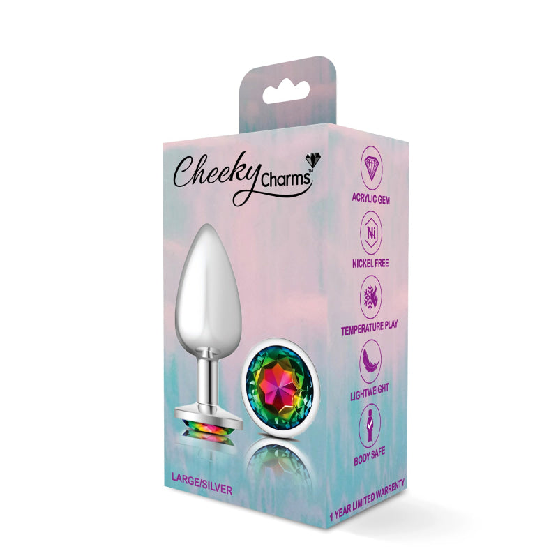 Cheeky Charms - Silver Metal Butt Plug - Round - Rainbow - Large