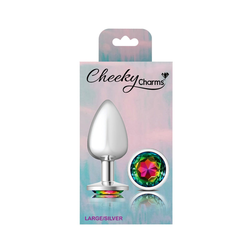 Cheeky Charms - Silver Metal Butt Plug - Round - Rainbow - Large