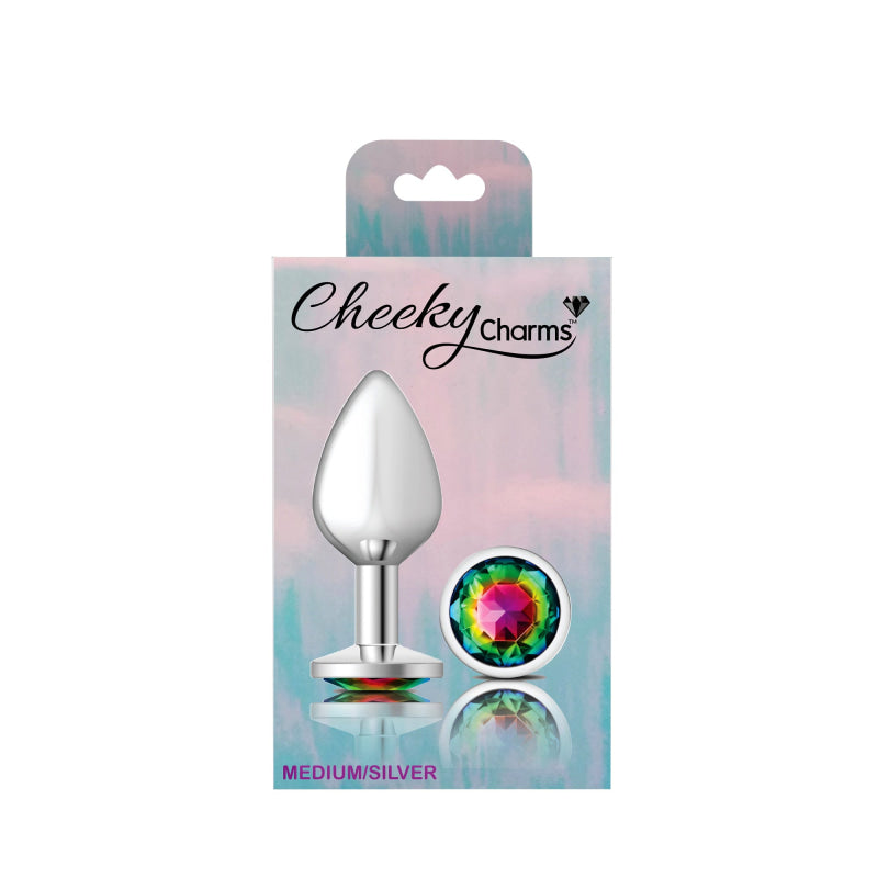 Cheeky Charms - Silver Metal Butt Plug - Round - Rainbow - Medium