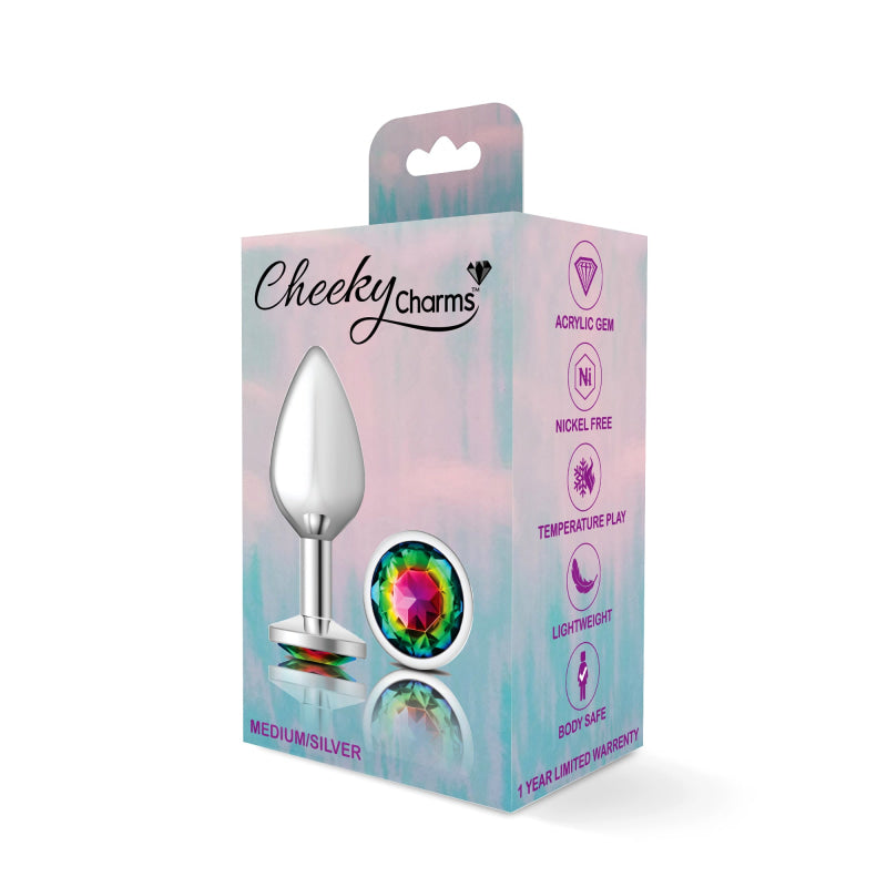 Cheeky Charms - Silver Metal Butt Plug - Round - Rainbow - Medium