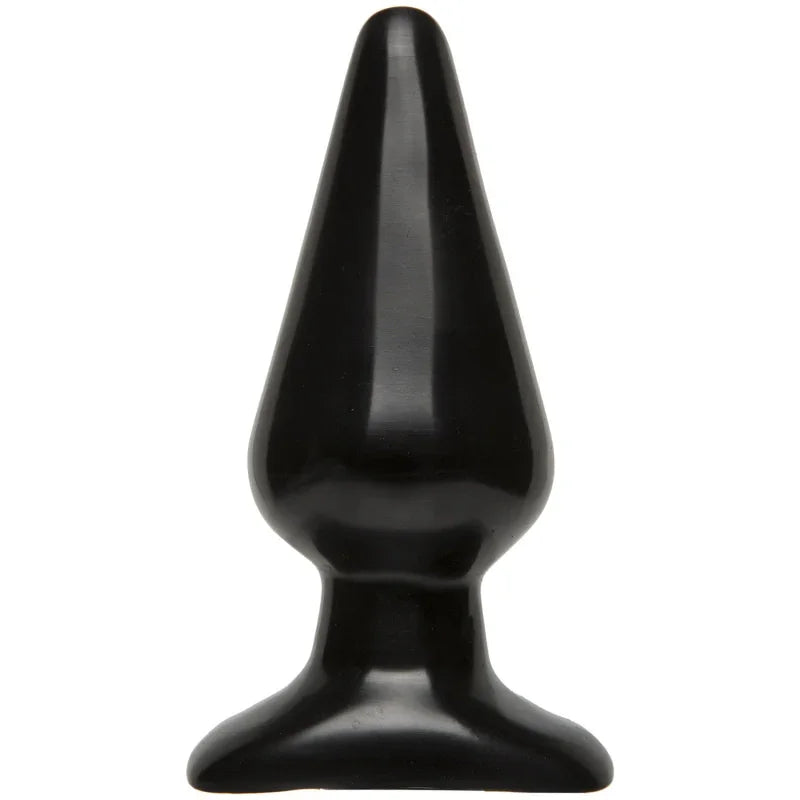 Smooth large black classic tapered butt plug sex toy on white background