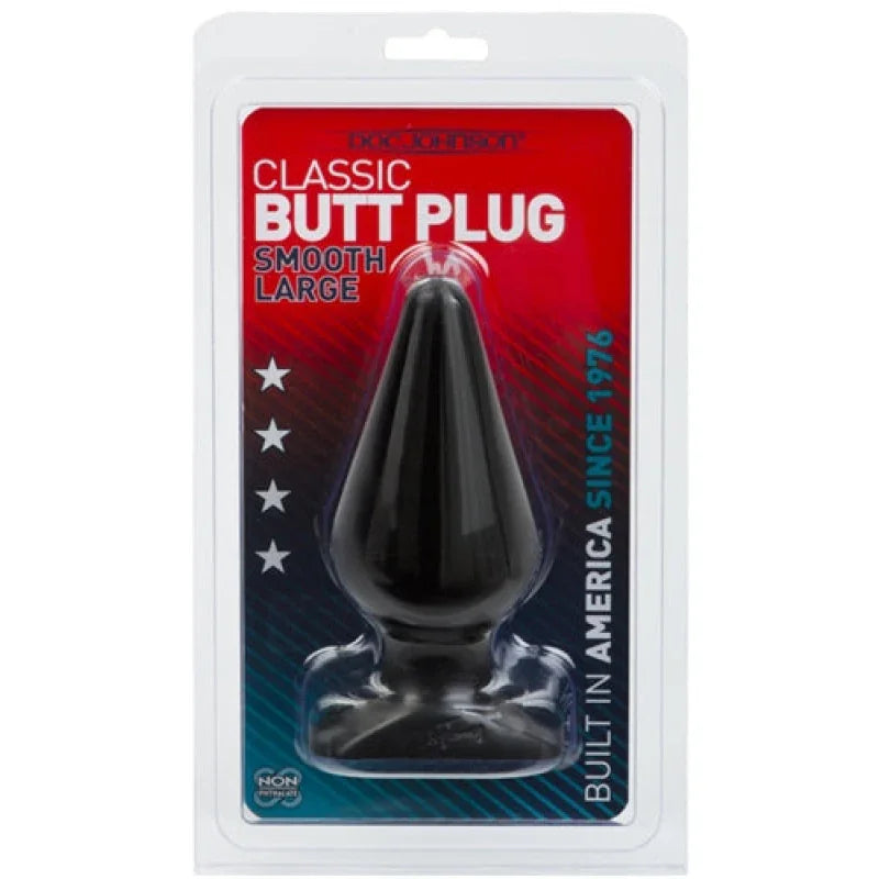 Doc Johnson Classic large smooth black butt plug in clear packaging with red and blue background