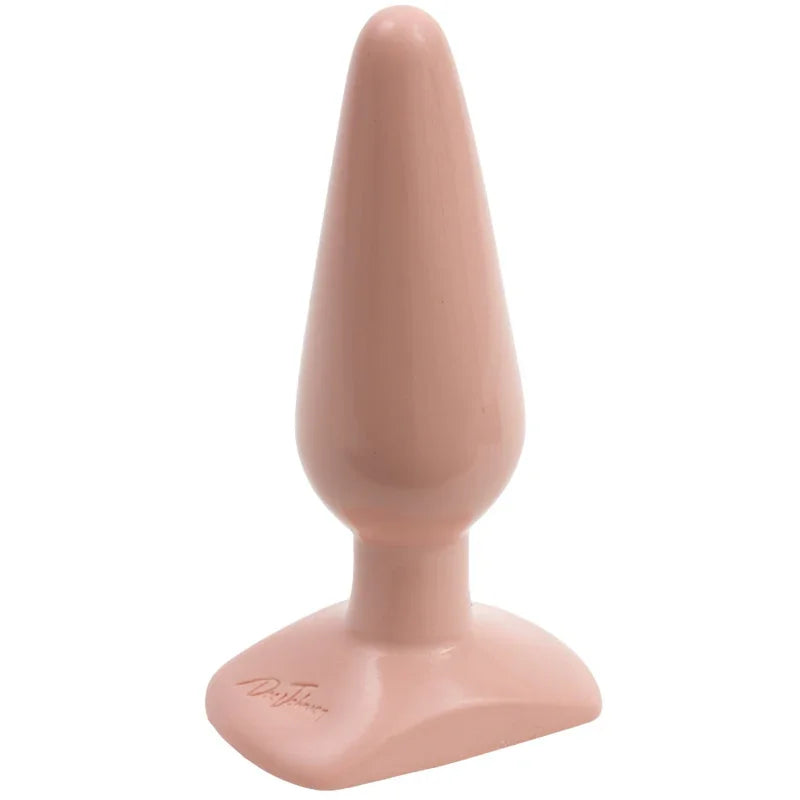 Smooth medium-sized classic white butt plug anal toy with flared base on white background