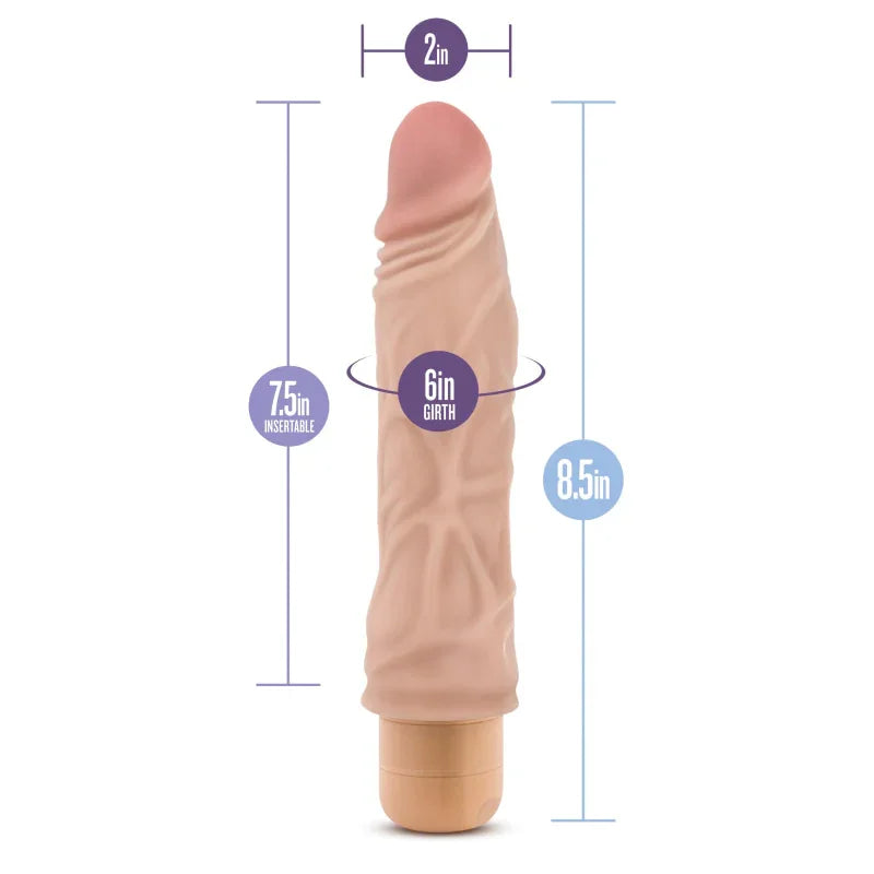 Realistic flesh tone vibrator with detailed veins, 8.5-inch length, 7.5-inch insertable, 6-inch girth