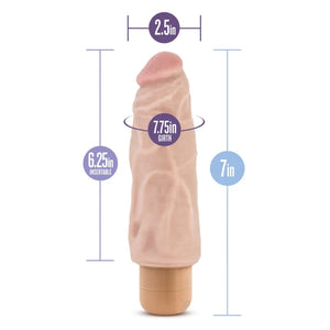 Realistic flesh-colored vibrator with 7-inch length, 2.5-inch diameter, and 7.75-inch girth measurements