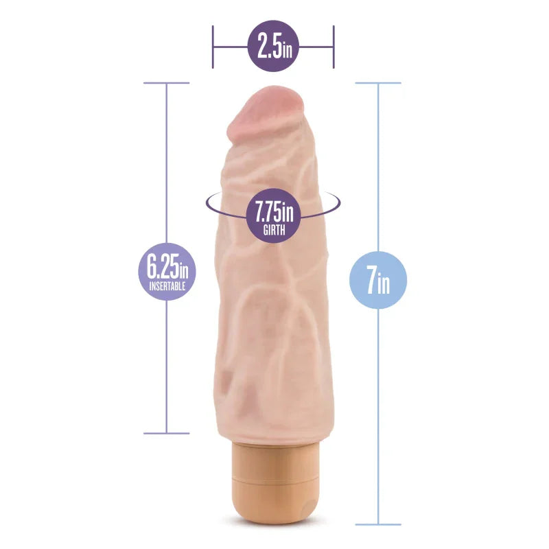 Realistic flesh-colored vibrator with 7-inch length, 2.5-inch diameter, and 7.75-inch girth measurements