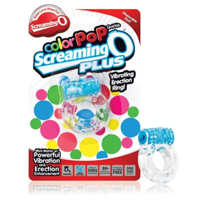 Screaming O ColorPop Plus blue vibrating erection ring with mini motor for powerful vibration and enhancement