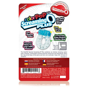 ColorPop Screaming O Plus vibrating erection ring packaging with product features and usage details