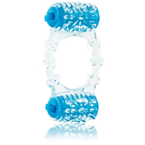 Transparent blue vibrating textured cock ring with adjustable dials for enhanced pleasure