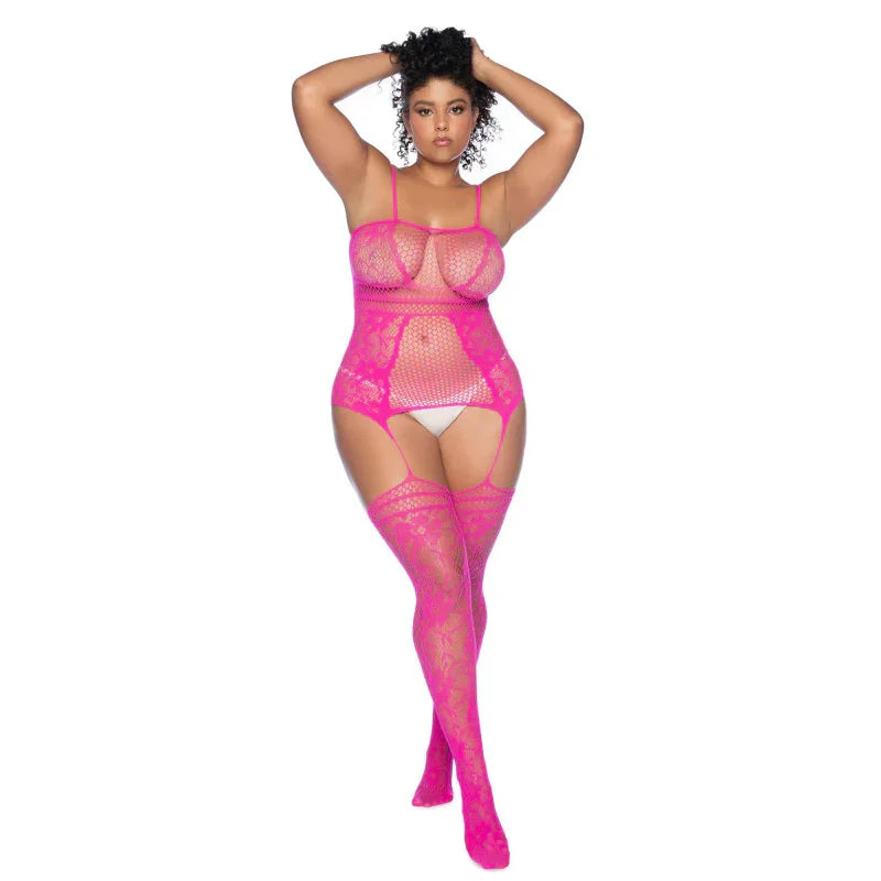 Curvy Aria Fishnet Body Stocking - O/sx - Pink - MyPleasure