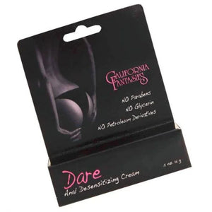 California Fantasies Dare Anal Desensitizing Cream packaging with product claims and black-and-white image