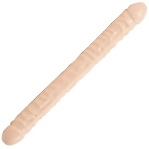 dual-ended beige veined adult pleasure toy with textured surface on white background
